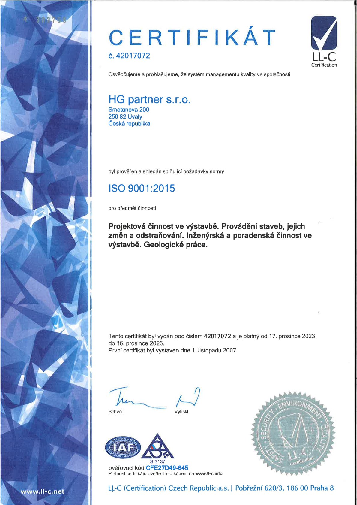 certifikat 14001 2015 HG partner